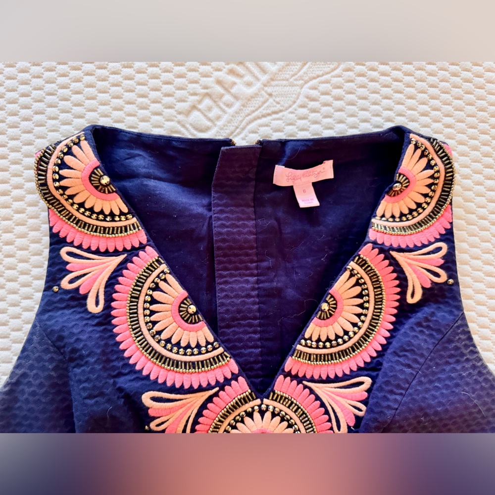LILLY PULITZER Gabby Embroidered Beaded Navy Blue Mini Sleeveless Shift Dress - Picture 7 of 13